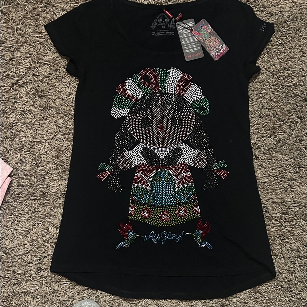 Black Short Sleeve Tee with Doll Design by La Catrina